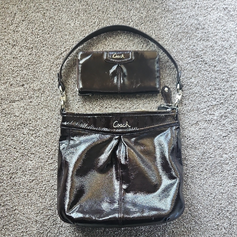 Coach Glossy Dark Brown Shoulder Bag and Wallet Set